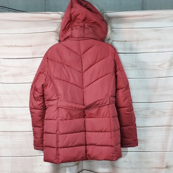 Larry Levine puffer jacket fur trim hood pockets quilted chevron rust red L - Picture 4 of 13